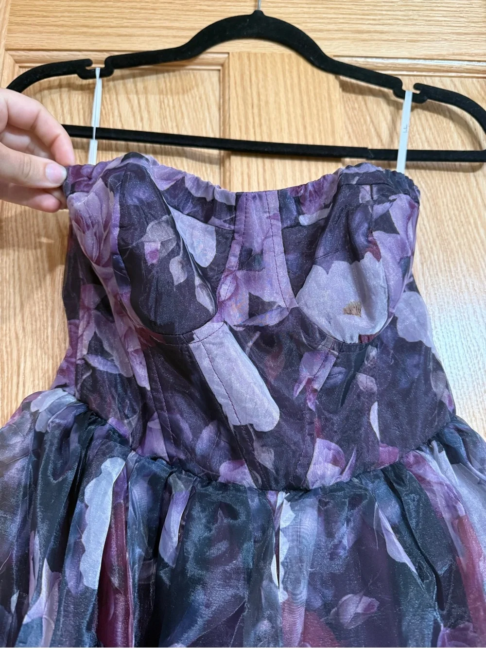 Lulu's Plum and Black Floral Strapless Gown - Picture 2 of 5